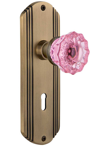 Streamline Deco Mortise Lock Set with Colored Fluted Crystal Glass Knobs Pink in Antique Brass.